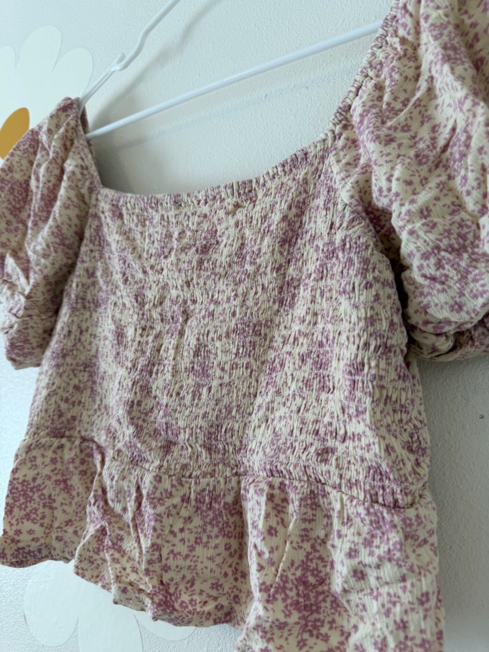 Bohme Cream and Pink Short Puff Sleeve Button Up Peplum Crop Top Smocked Back - Picture 4 of 8